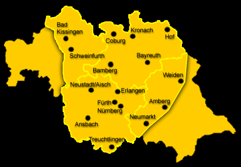 Bild: Das Einsatzgebiet von Michael Kleis als Landkarte: ganz Oberfranken ganz Mittelfranken, das östliche Unterfranken bis zur A7, die westliche Oberpfalz bis zur Linie Weiden, Amberg, Neumarkt